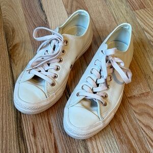 Low-Top Lace-Up Sneakers in Cream with Gold Eyelets